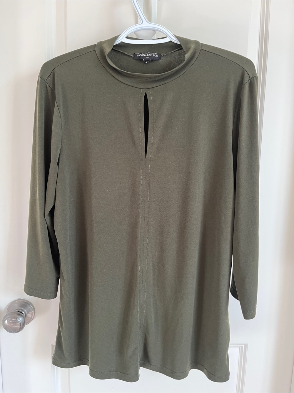 Banana Republic Olive Green Long-Sleeve Mock Neck Top with Front Keyhole